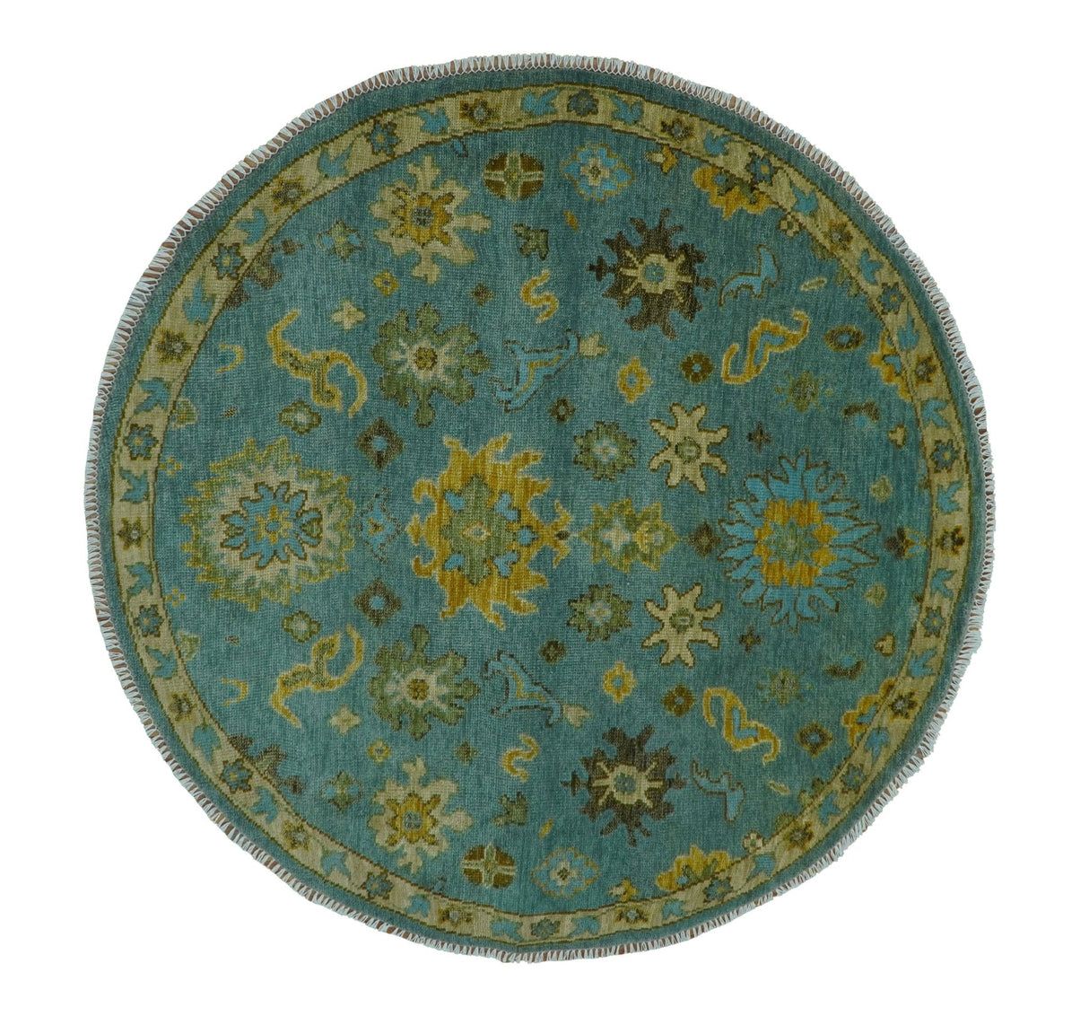Antique Moss Green and Blue Wool Hand Knotted Traditional Oriental Oushak Wool Area Rug