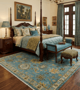 Antique Moss Green and Blue Wool Hand Knotted Traditional Oriental Oushak Wool Area Rug
