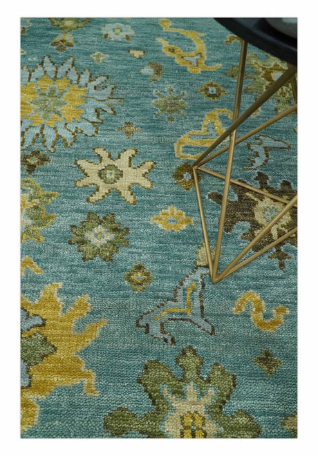 Antique Moss Green and Blue Wool Hand Knotted Traditional Oriental Oushak Wool Area Rug