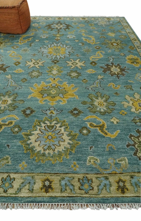 Antique Moss Green and Blue Wool Hand Knotted Traditional Oriental Oushak Wool Area Rug