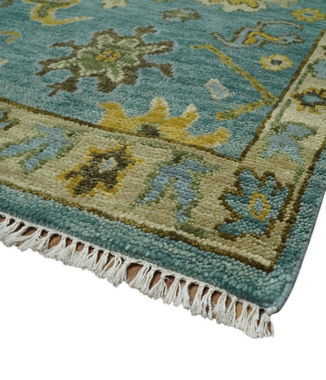 Antique Moss Green and Blue Wool Hand Knotted Traditional Oriental Oushak Wool Area Rug