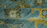Antique Moss Green and Blue Wool Hand Knotted Traditional Oriental Oushak Wool Area Rug