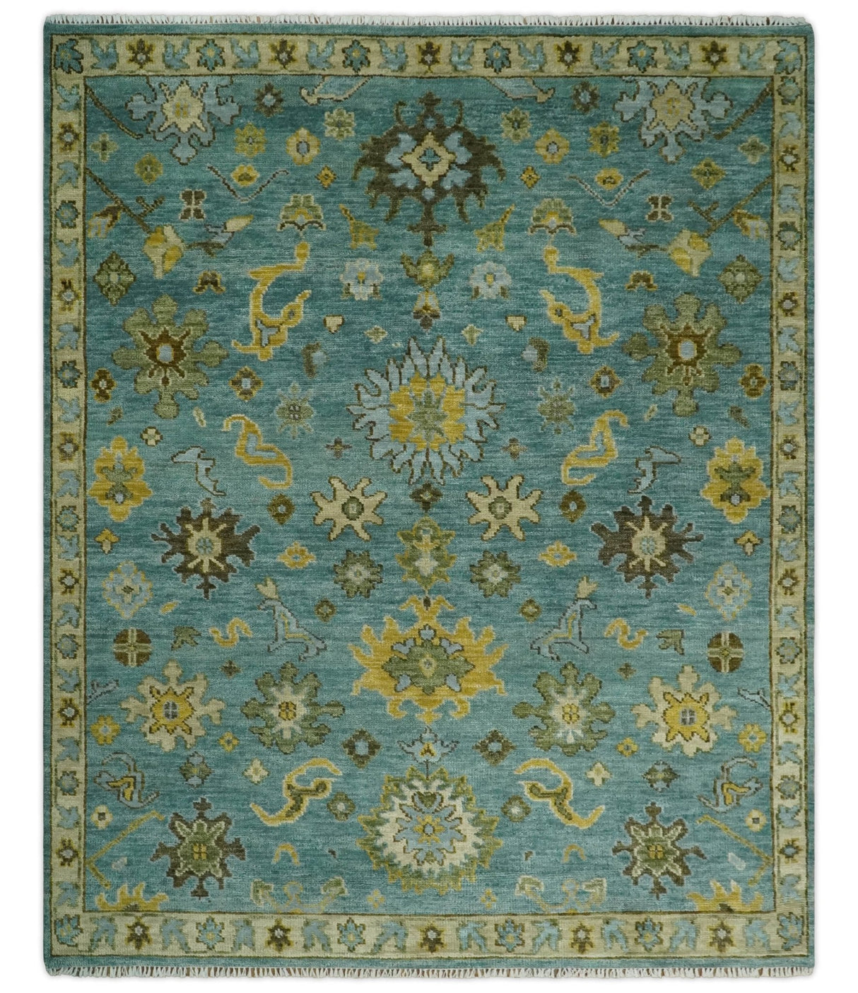 Antique Moss Green and Blue Wool Hand Knotted Traditional Oriental Oushak Wool Area Rug