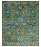 Antique Moss Green and Blue Wool Hand Knotted Traditional Oriental Oushak Wool Area Rug