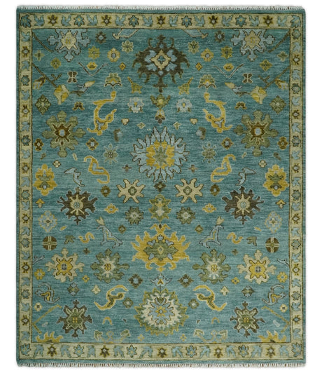Antique Moss Green and Blue Wool Hand Knotted Traditional Oriental Oushak Wool Area Rug
