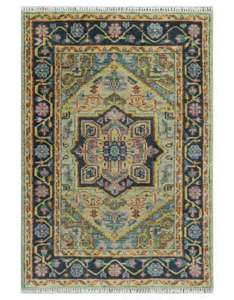 Antique Moss Green and Pink Traditional Multi Size Wool Area Rug