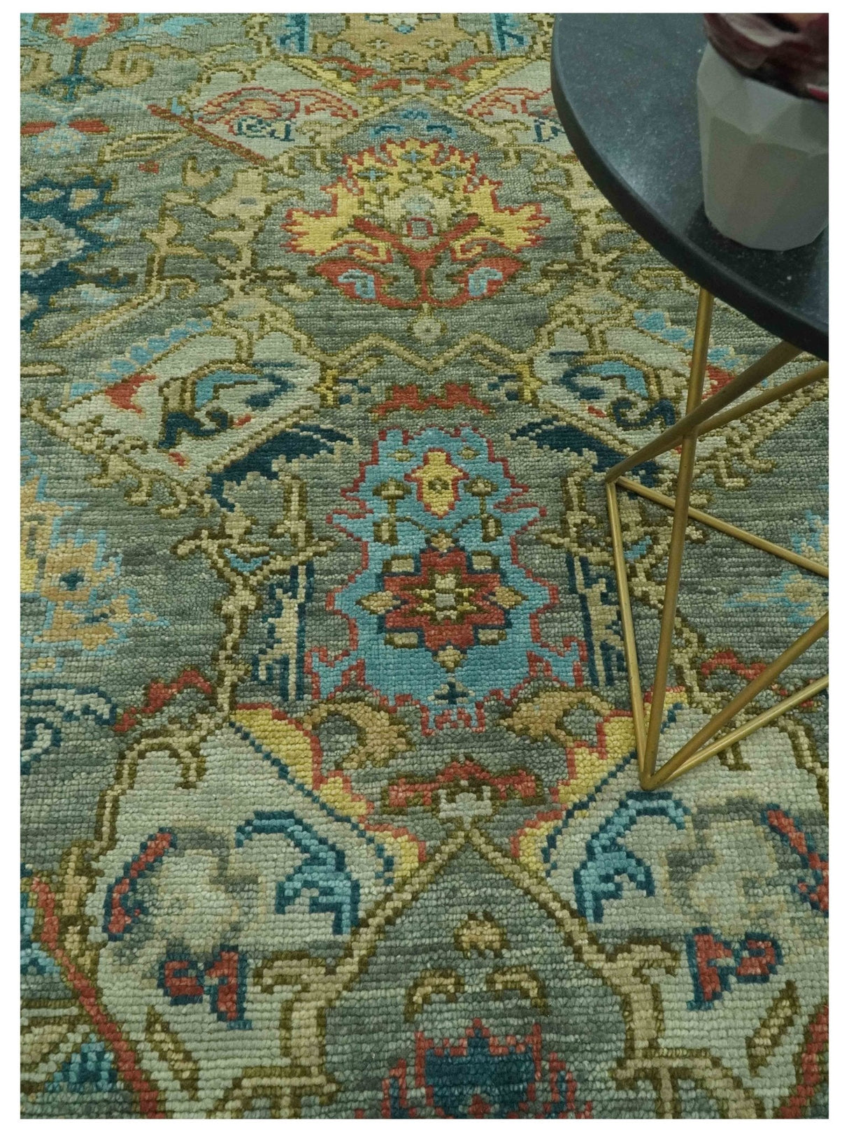 Antique Moss Green Silver and Teal Traditional Oushak Hand knotted Custom Made wool Area Rug