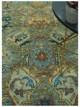 Antique Moss Green Silver and Teal Traditional Oushak Hand knotted Custom Made wool Area Rug