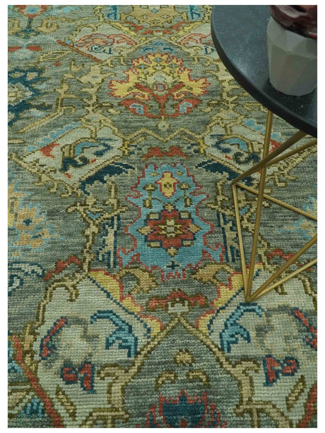 Antique Moss Green Silver and Teal Traditional Oushak Hand knotted Custom Made wool Area Rug