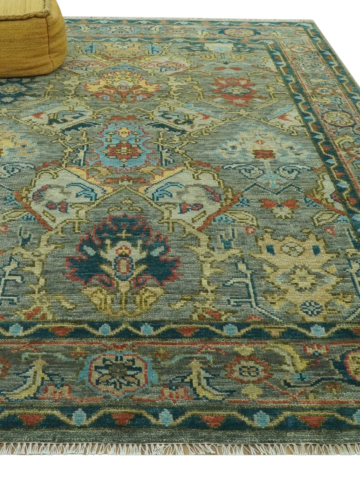 Antique Moss Green Silver and Teal Traditional Oushak Hand knotted Custom Made wool Area Rug