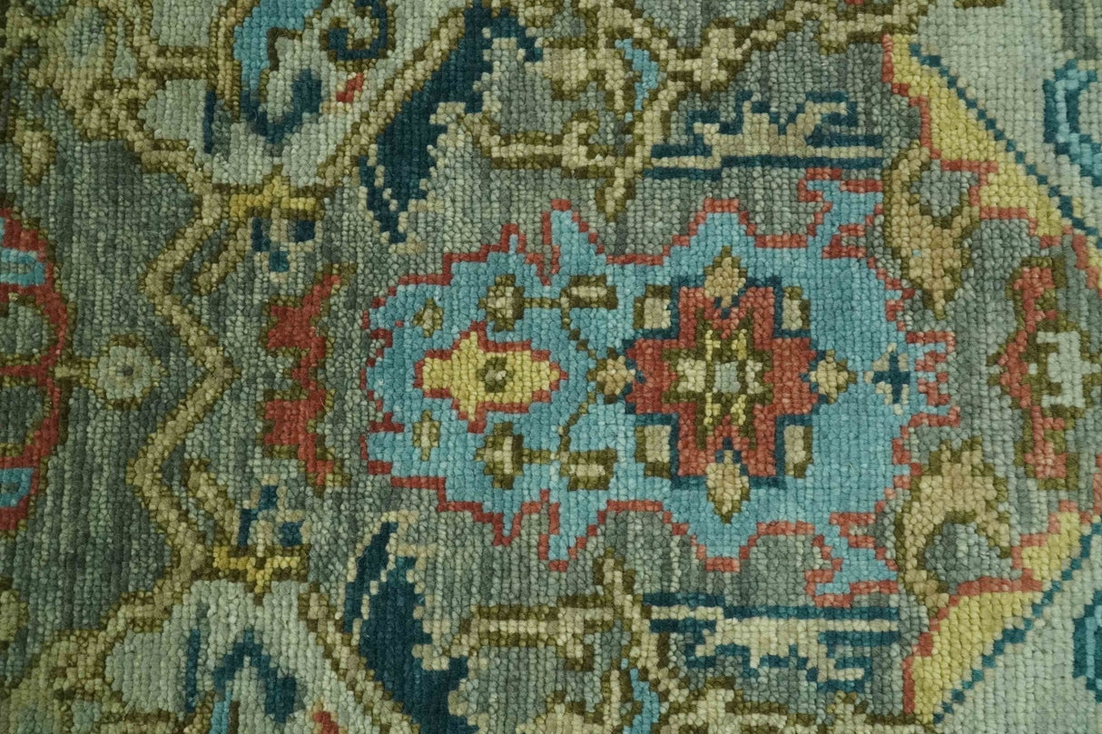 Antique Moss Green Silver and Teal Traditional Oushak Hand knotted Custom Made wool Area Rug