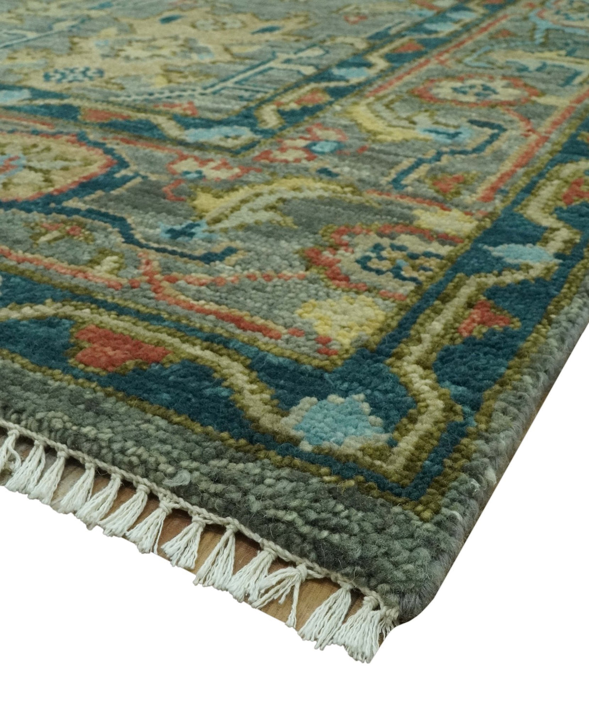 Antique Moss Green Silver and Teal Traditional Oushak Hand knotted Custom Made wool Area Rug