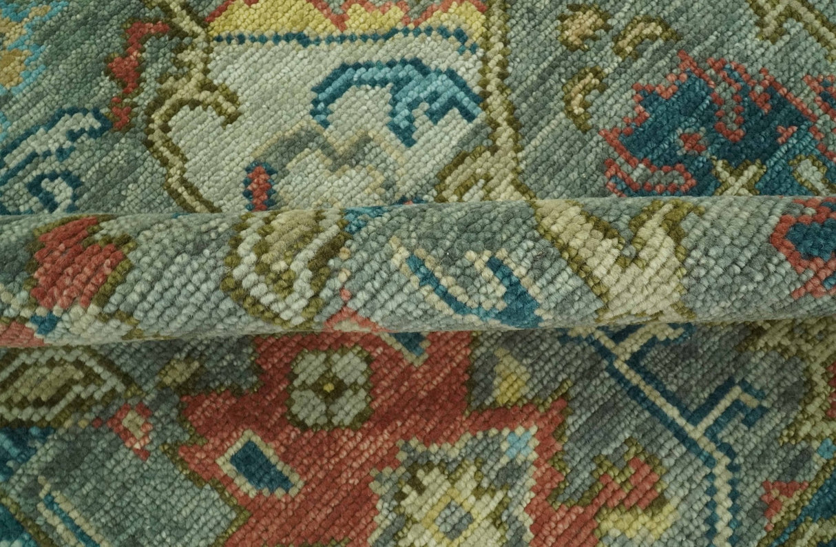 Antique Moss Green Silver and Teal Traditional Oushak Hand knotted Custom Made wool Area Rug