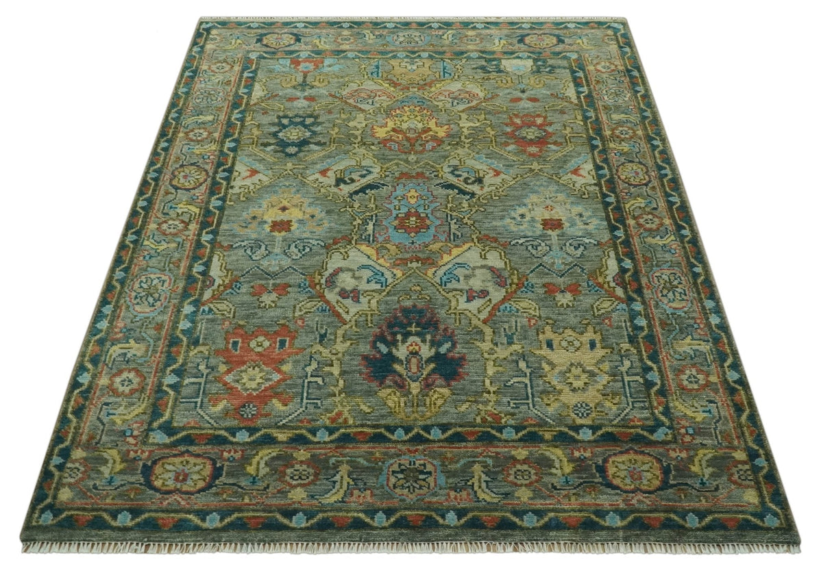 Antique Moss Green Silver and Teal Traditional Oushak Hand knotted Custom Made wool Area Rug