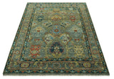 Antique Moss Green Silver and Teal Traditional Oushak Hand knotted Custom Made wool Area Rug