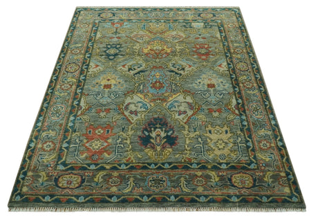 Antique Moss Green Silver and Teal Traditional Oushak Hand knotted Custom Made wool Area Rug