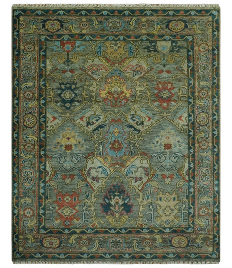 Antique Moss Green Silver and Teal Traditional Oushak Hand knotted Custom Made wool Area Rug