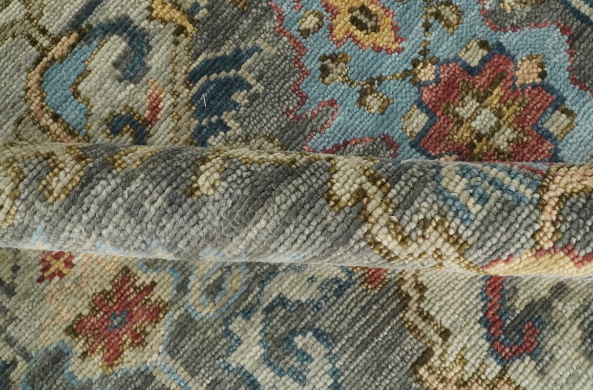 Antique Moss Traditional Oushak Charcoal, Brown and Blue Hand knotted Custom Made Rug