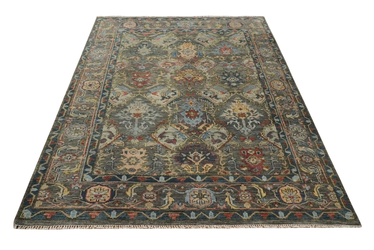 Antique Moss Traditional Oushak Charcoal, Brown and Blue Hand knotted Custom Made Rug