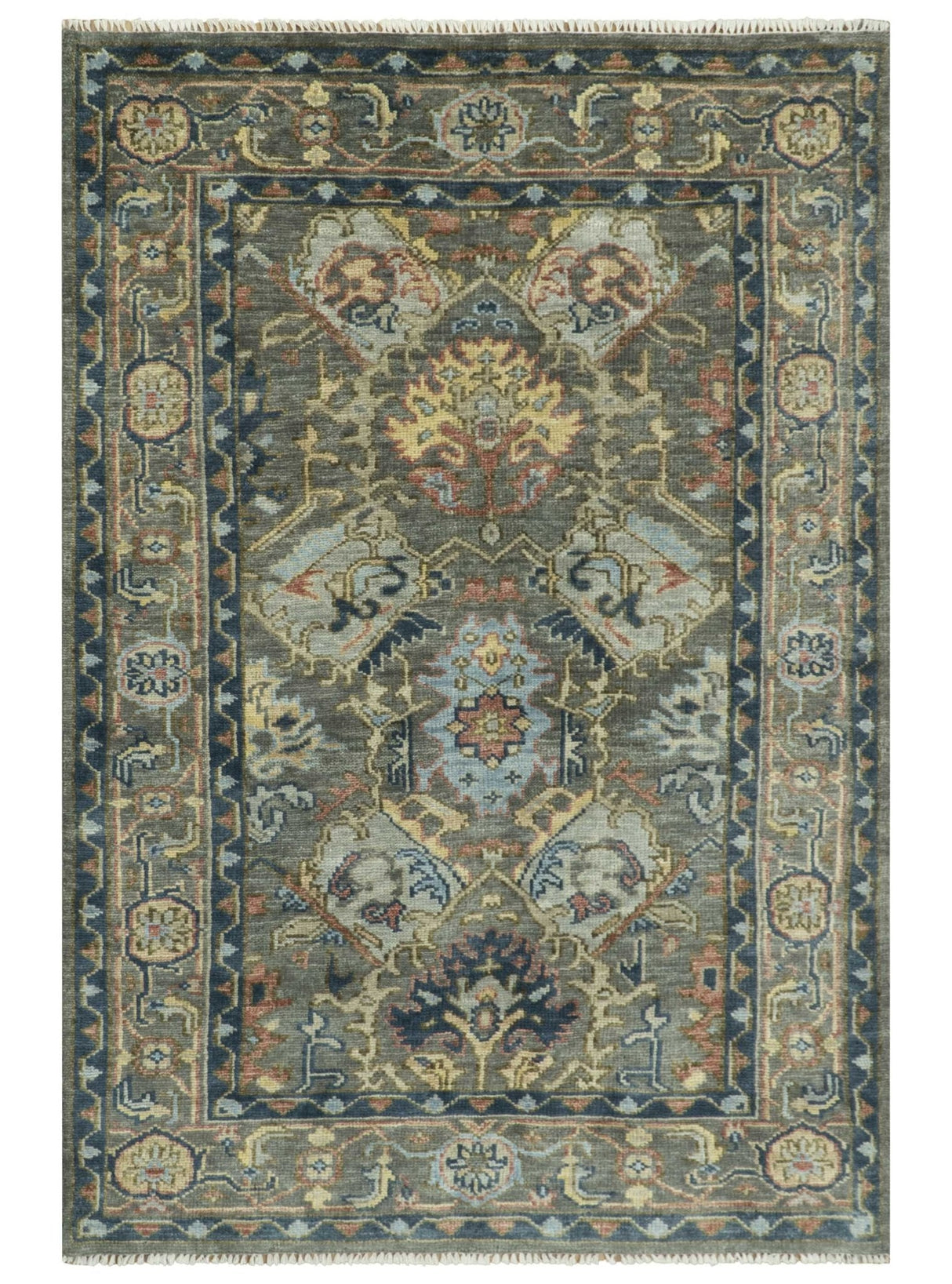 Antique Moss Traditional Oushak Charcoal, Brown and Blue Hand knotted Custom Made Rug