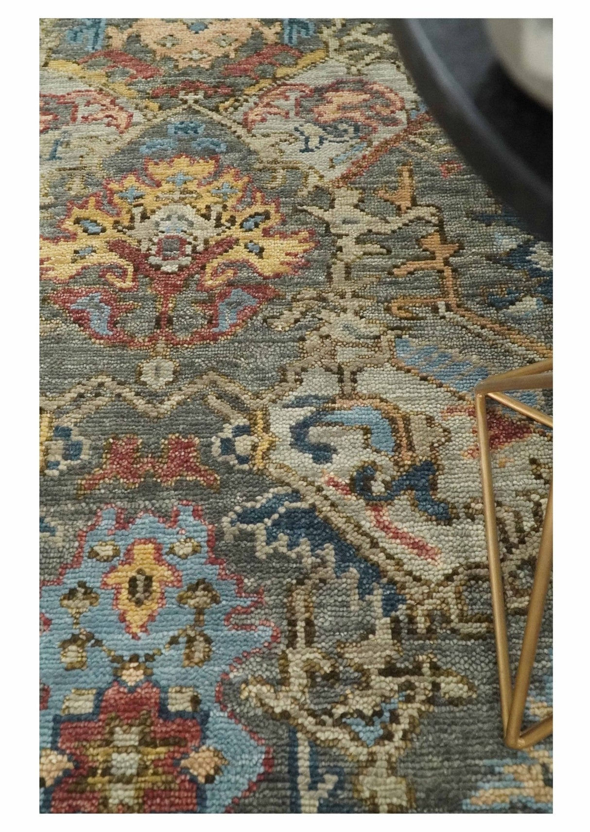 Antique Moss Traditional Oushak Charcoal, Brown and Blue Hand knotted Custom Made Rug