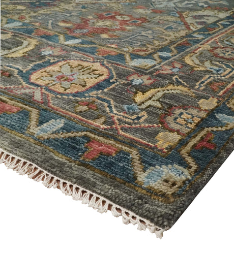 Antique Moss Traditional Oushak Charcoal, Brown and Blue Hand knotted Custom Made Rug