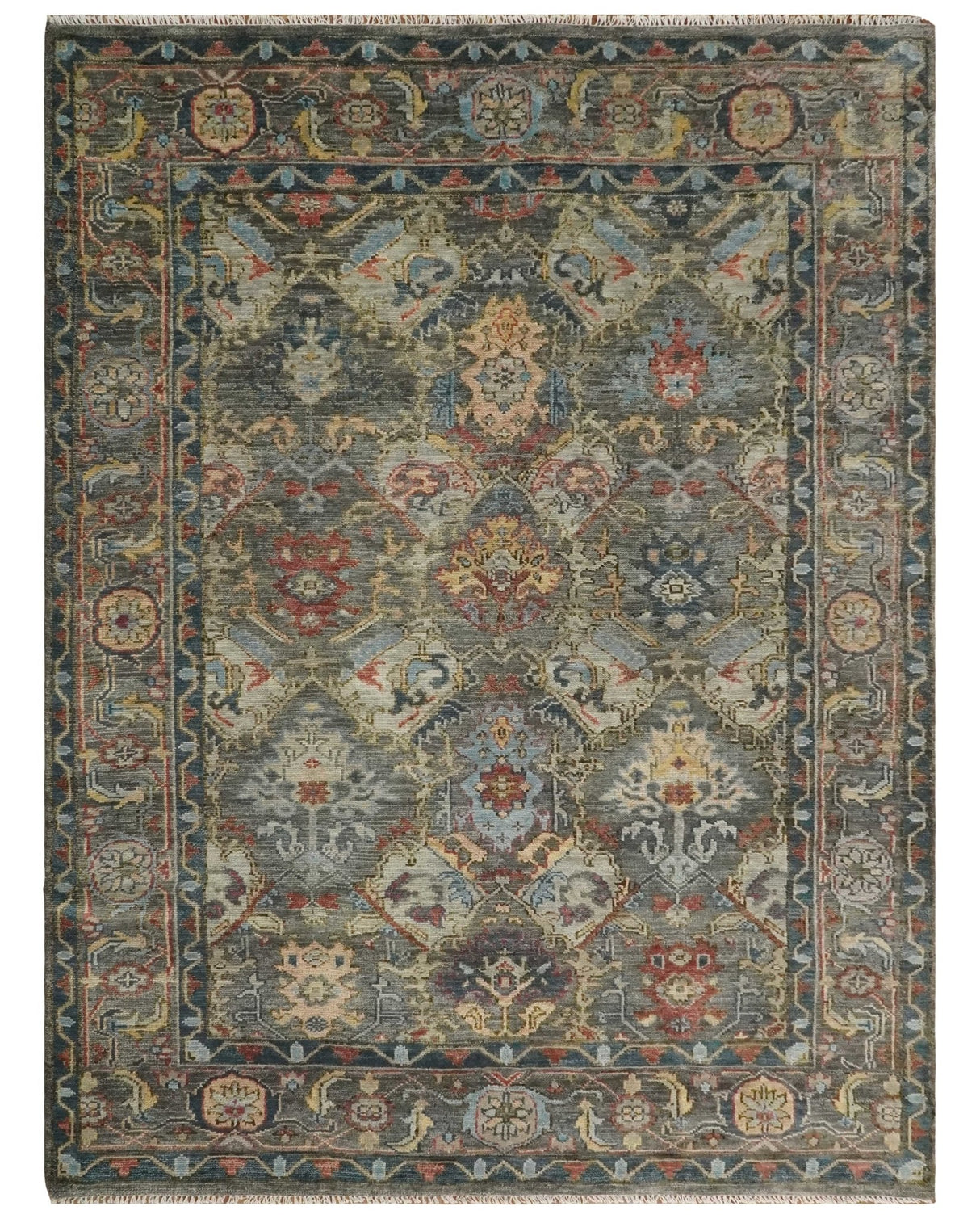Antique Moss Traditional Oushak Charcoal, Brown and Blue Hand knotted Custom Made Rug