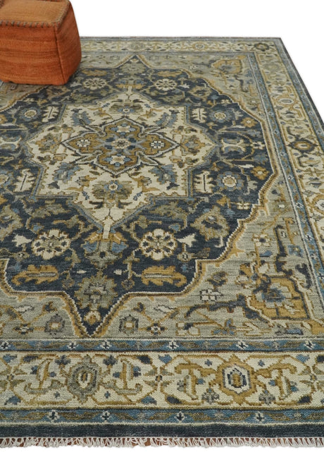 Antique Muted Traditional Heriz Blue ,Beige and Brown Hand knotted Custom made wool Area Rug
