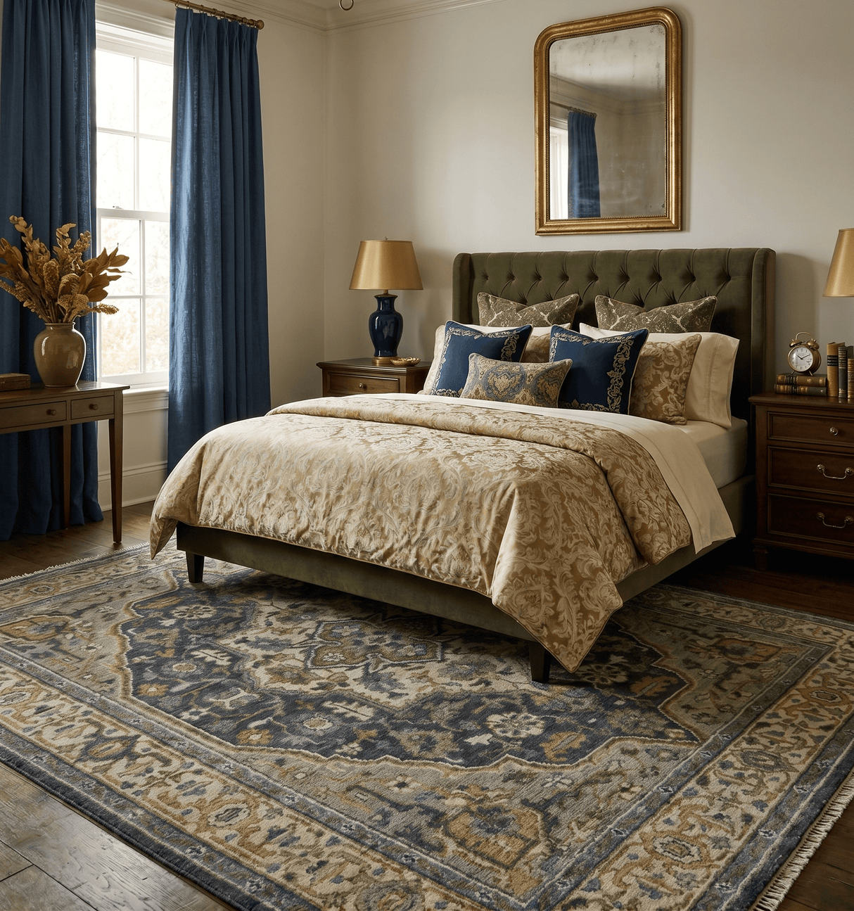 Antique Muted Traditional Heriz Blue ,Beige and Brown Hand knotted Custom made wool Area Rug