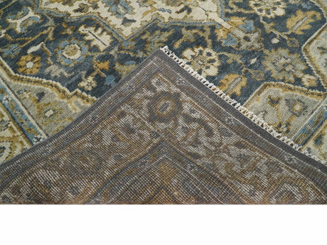 Antique Muted Traditional Heriz Blue ,Beige and Brown Hand knotted Custom made wool Area Rug