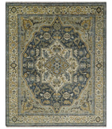 Antique Muted Traditional Heriz Blue ,Beige and Brown Hand knotted Custom made wool Area Rug
