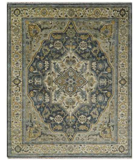 Antique Muted Traditional Heriz Blue ,Beige and Brown Hand knotted Custom made wool Area Rug