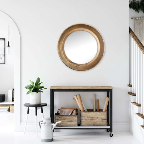 Antique Nickel Round Wall Mirror with Distressed Finish-Mirror-Parc Decor