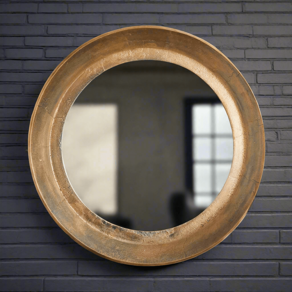 Antique Nickel Round Wall Mirror with Distressed Finish-Mirror-Parc Decor