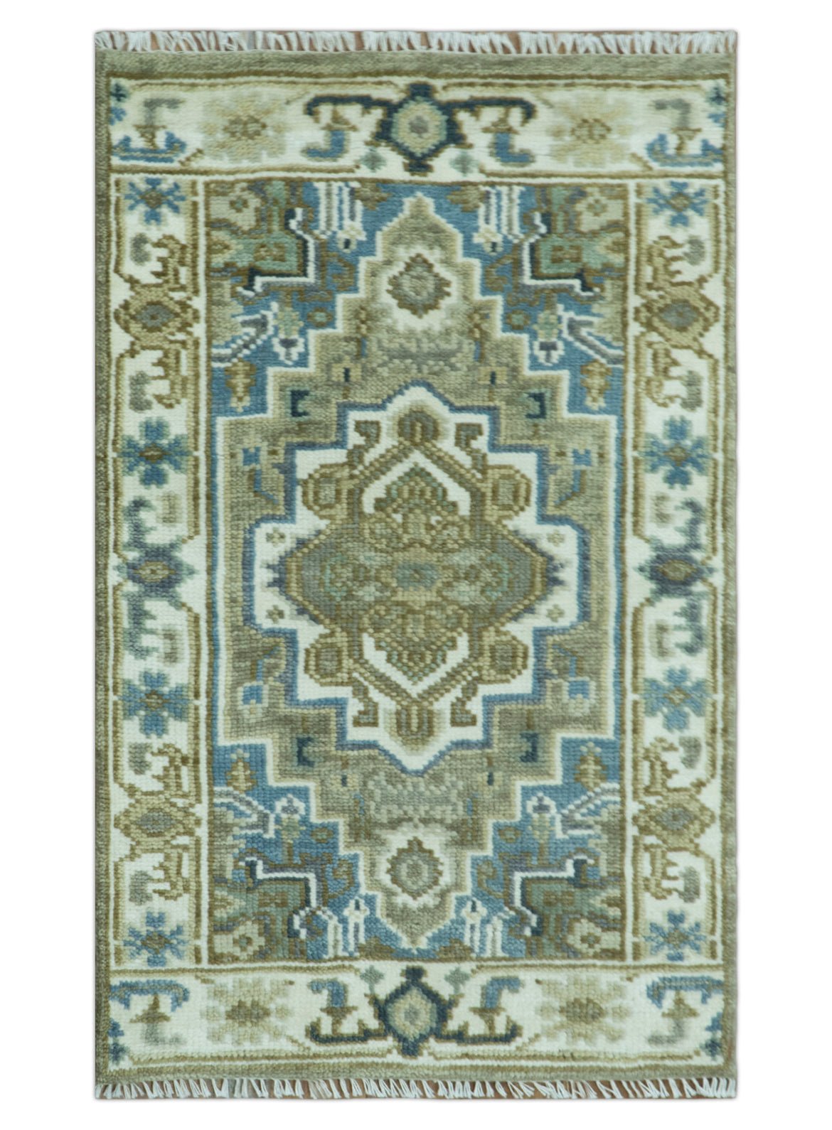 Antique Olive And Blue Traditional Heriz Multi Size Wool Area Rug