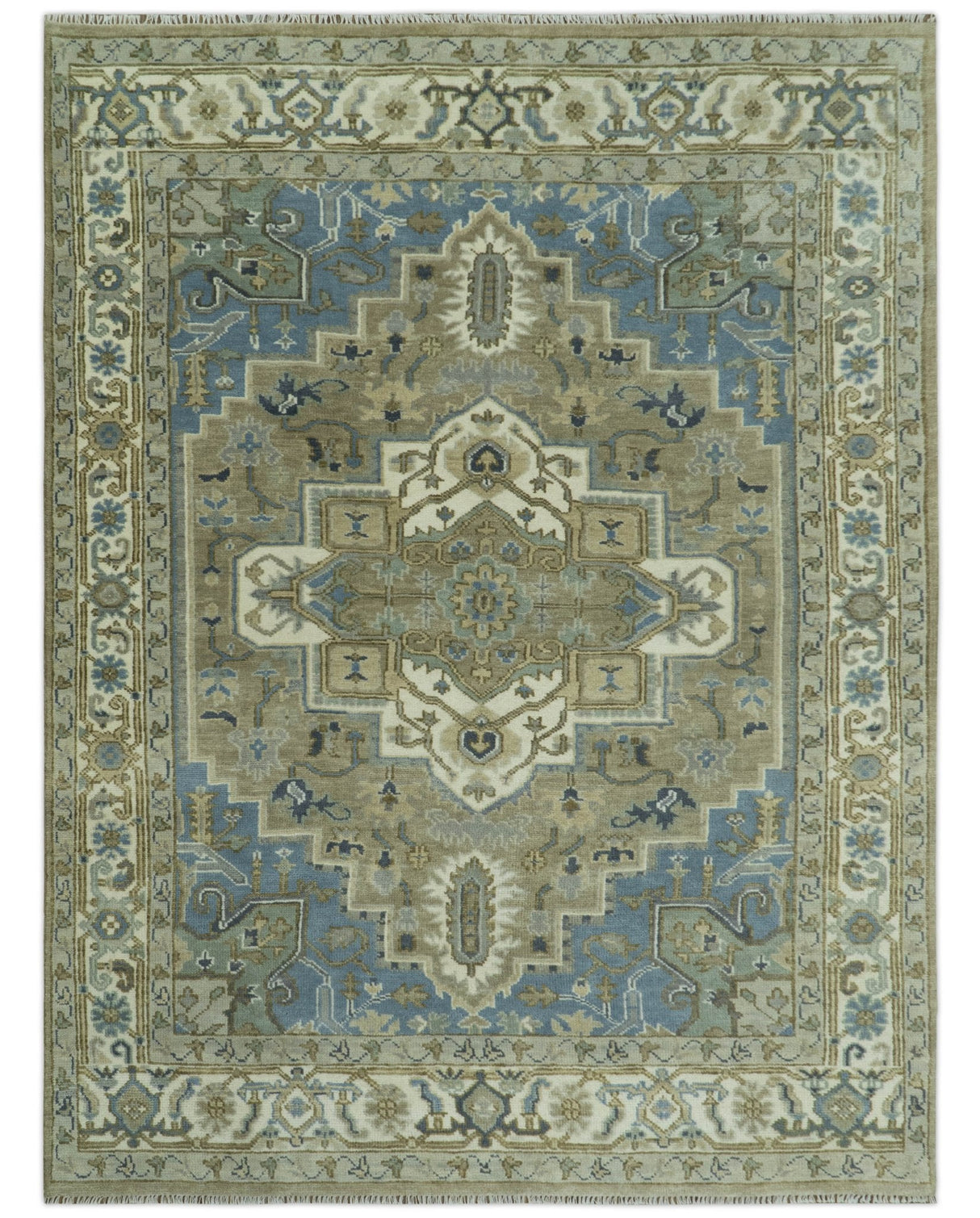 Antique Olive And Blue Traditional Heriz Multi Size Wool Area Rug