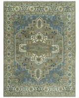 Antique Olive And Blue Traditional Heriz Multi Size Wool Area Rug