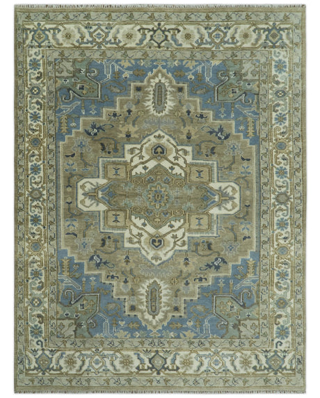 Antique Olive And Blue Traditional Heriz Multi Size Wool Area Rug
