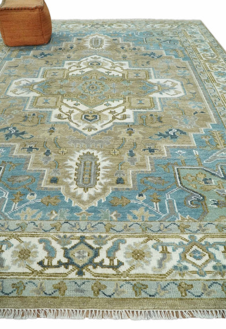 Antique Olive And Blue Traditional Heriz Multi Size Wool Area Rug