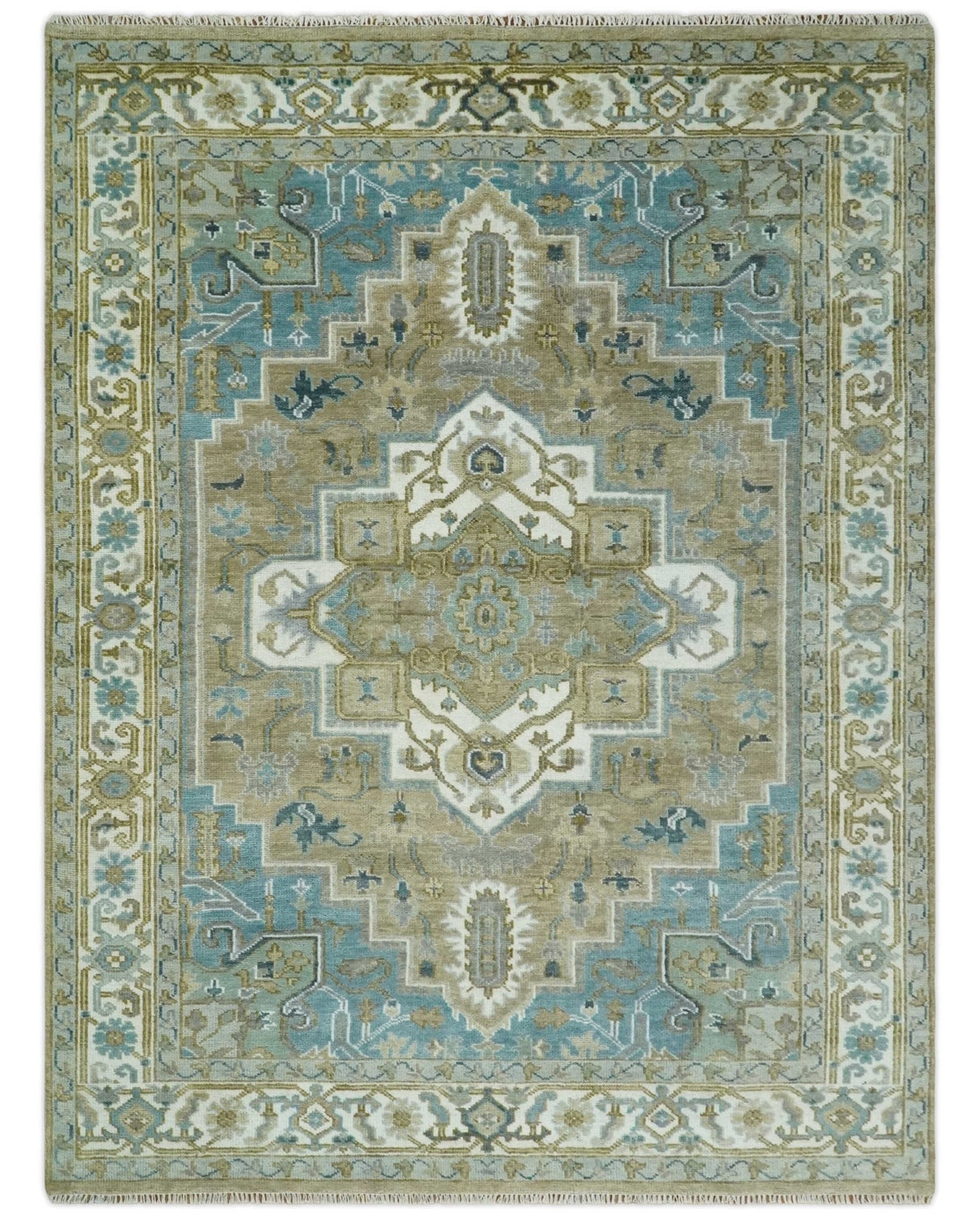 Antique Olive And Blue Traditional Heriz Multi Size Wool Area Rug