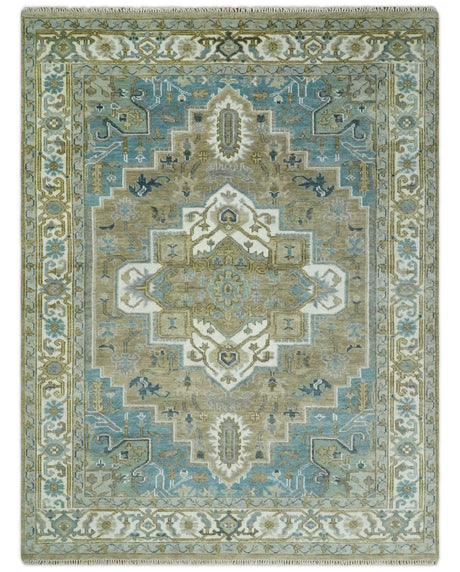 Antique Olive And Blue Traditional Heriz Multi Size Wool Area Rug