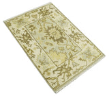 Antique Oushak 2x3 Beige and Brown Hand Knotted Wool Area Rug