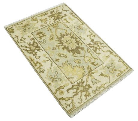 Antique Oushak 2x3 Beige and Brown Hand Knotted Wool Area Rug