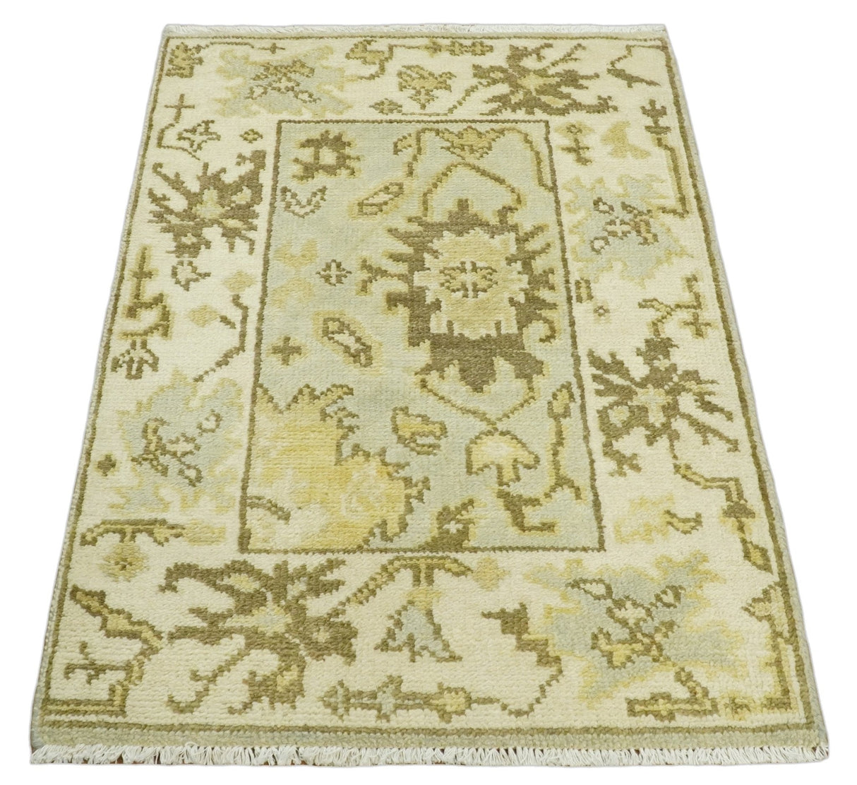 Antique Oushak 2x3 Beige and Brown Hand Knotted Wool Area Rug