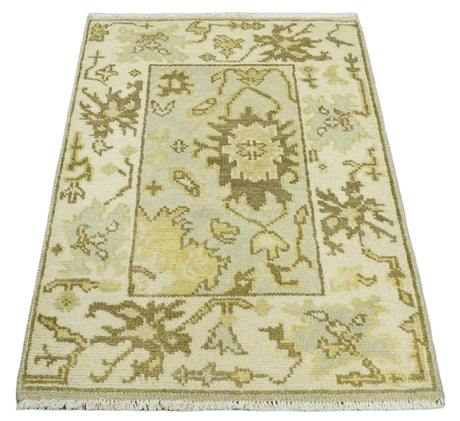 Antique Oushak 2x3 Beige and Brown Hand Knotted Wool Area Rug