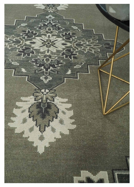 Antique Persian Earthy Sage Hand Knotted 8x10 Gray and Ivory Traditional Vintage Heriz Serapi Wool Rug | AC25810-Area Rug-Parc Decor