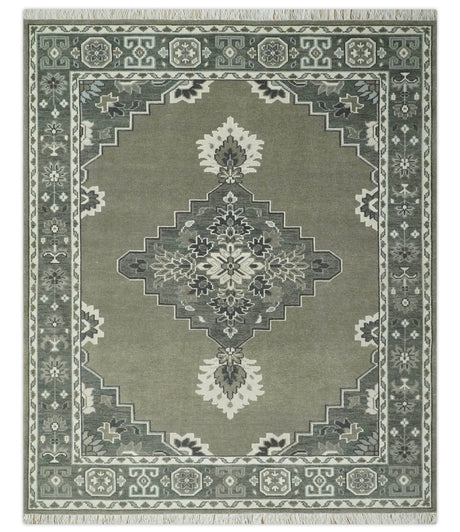 Antique Persian Earthy Sage Hand Knotted 8x10 Gray and Ivory Traditional Vintage Heriz Serapi Wool Rug | AC25810-Area Rug-Parc Decor