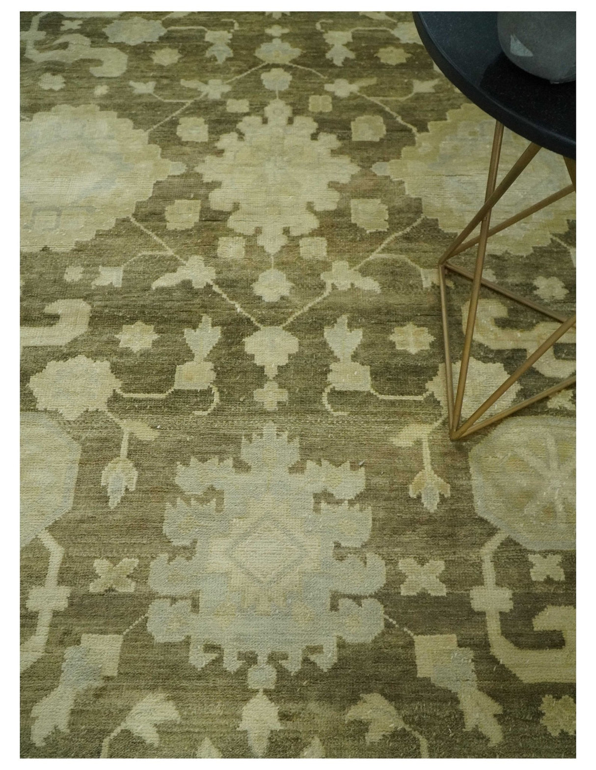 Antique Style 10x14 Hand Knotted Brown and Beige Traditional Oushak Wool Rug, Large Rug | N3751014