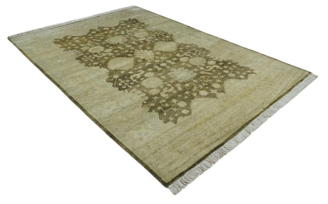 Antique Style 10x14 Hand Knotted Brown and Beige Traditional Oushak Wool Rug, Large Rug | N3751014