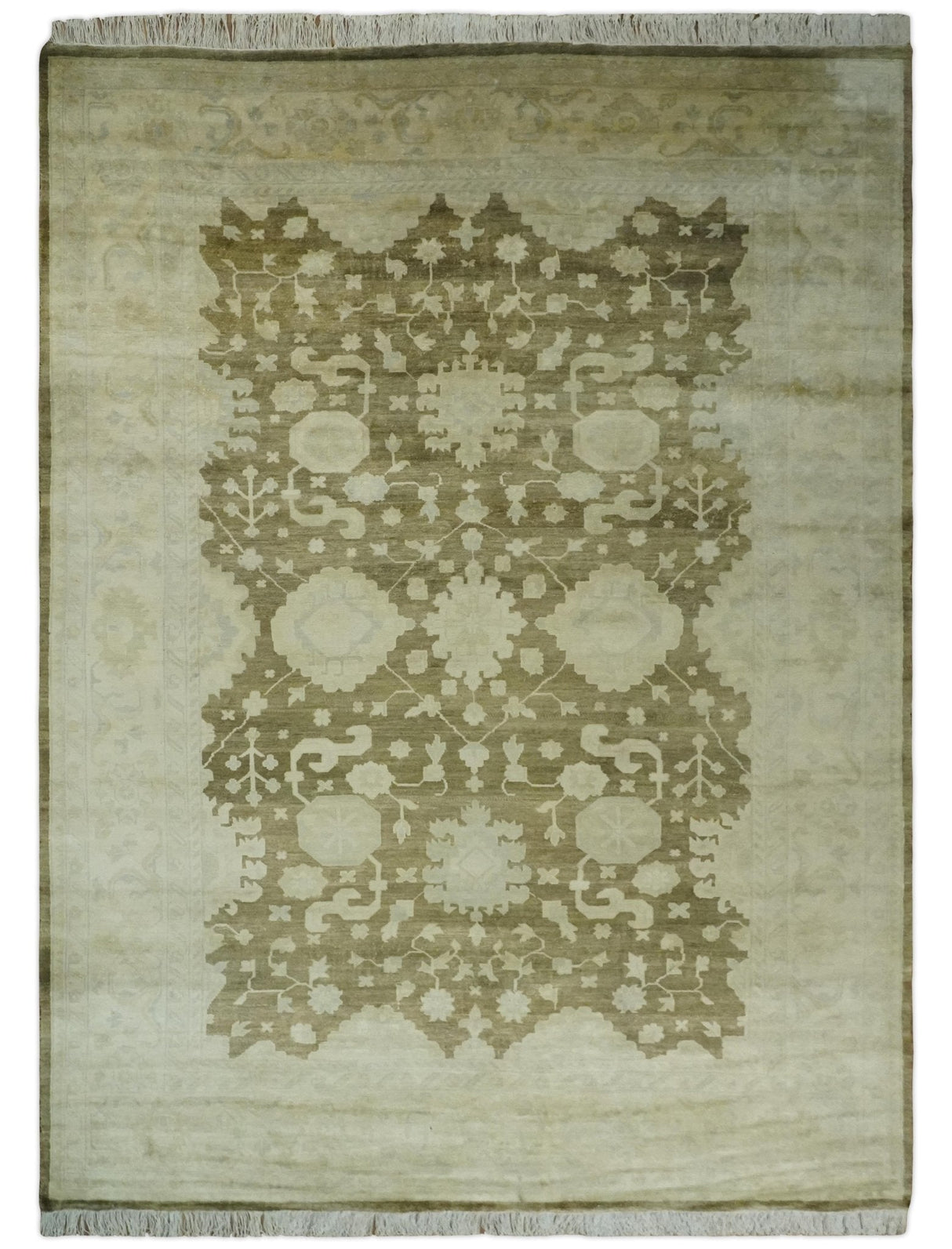 Antique Style 10x14 Hand Knotted Brown and Beige Traditional Oushak Wool Rug, Large Rug | N3751014